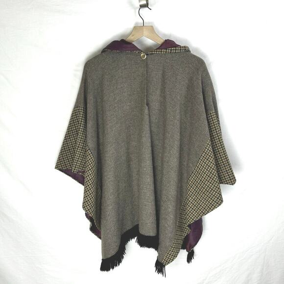 Vtg Wool Keyhole Neck Fringe Hem Pullover Hooded Cape Poncho Gray Women One Size - Picture 2 of 10